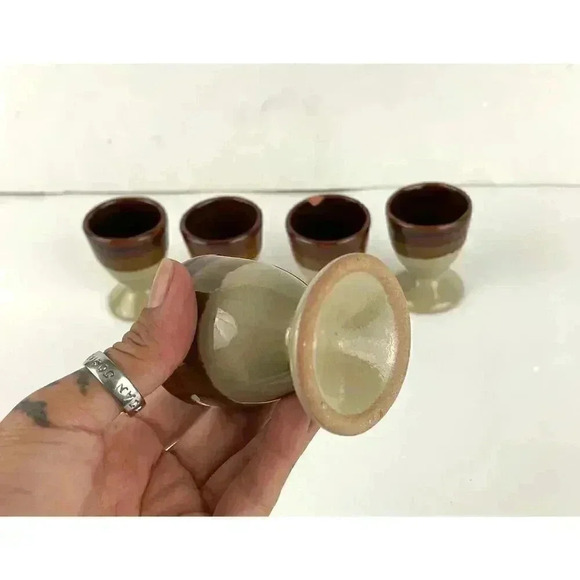 VTG Set of 5 Stoneware Pottery Tri-Color Egg Cups 1970's Earthenware - Picture 10 of 11